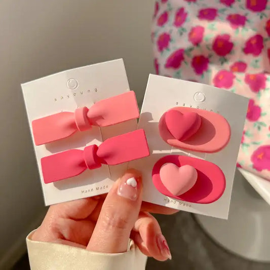 Korean Pink Colored Bow and Heart Styled Hairclip