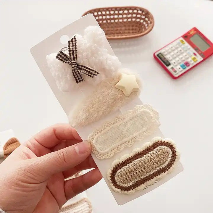 Handmade fabric hairclips white wool