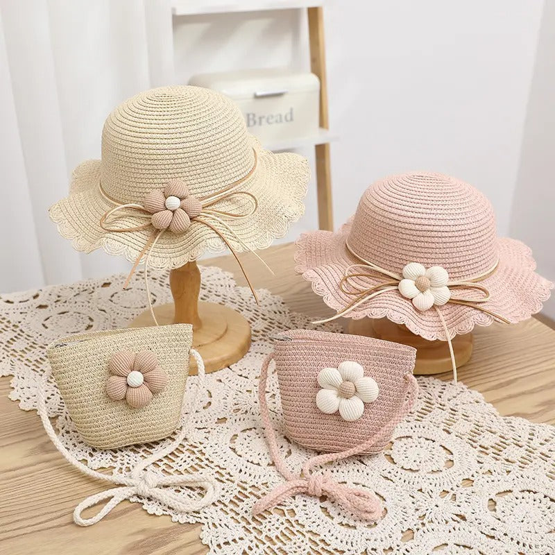 Straw hat with matching sling bag for girls