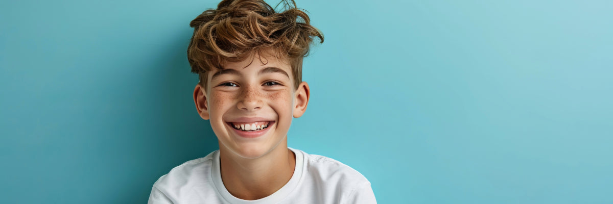 boy wearing white t-shirt smiling