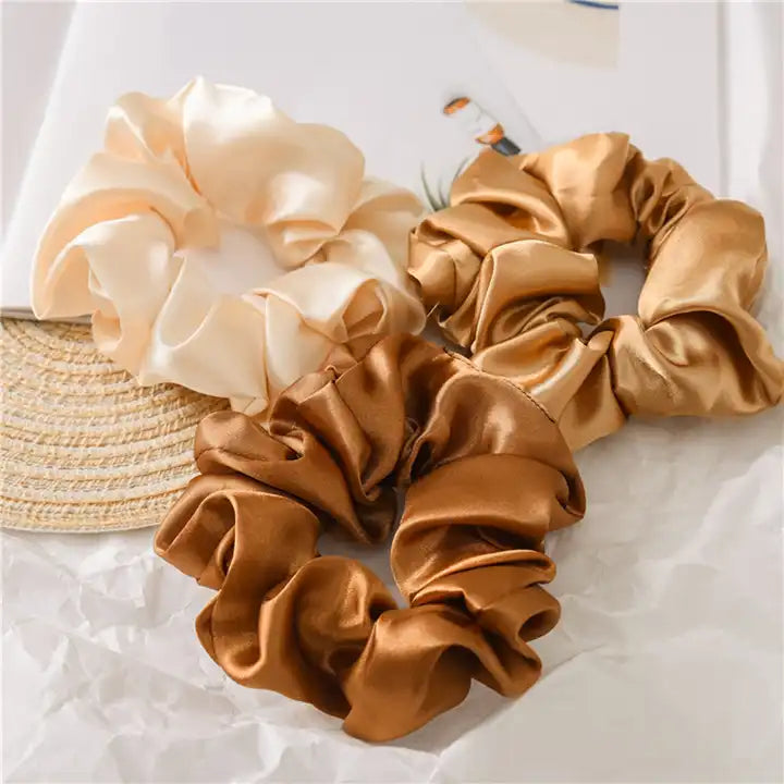 Golden, Cream and Brown Colored Satin Scrunchie